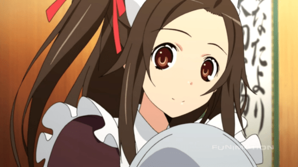 Otsuu-senpai in episode two. Even when she isn't obsessing about repaying Ryoushi, she dresses as a maid.