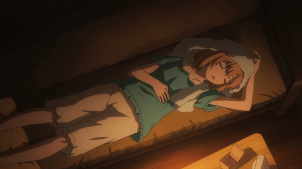 Miyamori falls asleep next to the scented candle Erika gave her to help her relax. Sometimes, the most productive, healthy thing to do is sleep.