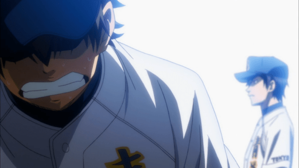 Sawamura leaves the mound, unable to pitch during the practice game (ep 70).