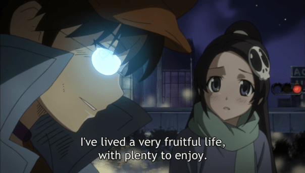 Elsie expresses concern about Keima. The light from his game reflects in his glasses as he assure her of his sense of fulfillment.