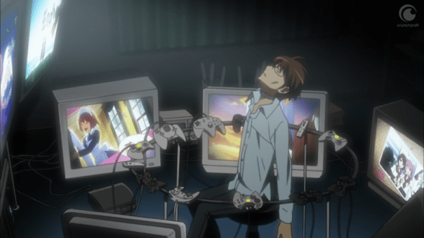 Keima played 24 games at once in order to get through his backlog. He is no longer fully present; his mind his dancing through a field with dating sim characters while he assaults our ears with his terrible singing. Yep. His delusion has never been so clear. Look at those gaunt cheeks!