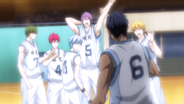 The Teiko Middle School basketball team near the beginning of ep 15, when Aomine is still somewhat receptive to encouragement.