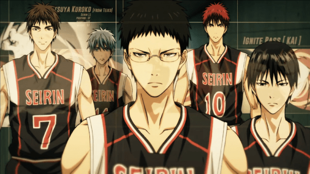 Seirin's starters: Kiyoshi, Kuroko, Hyuga, Kagami, and Izuko (screenshot from current OP).