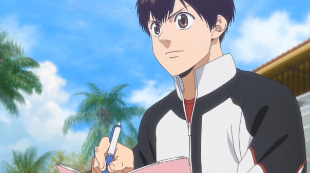 Eiichiro takes notes during two other tennis students' game at an American tennis center (ep 1).