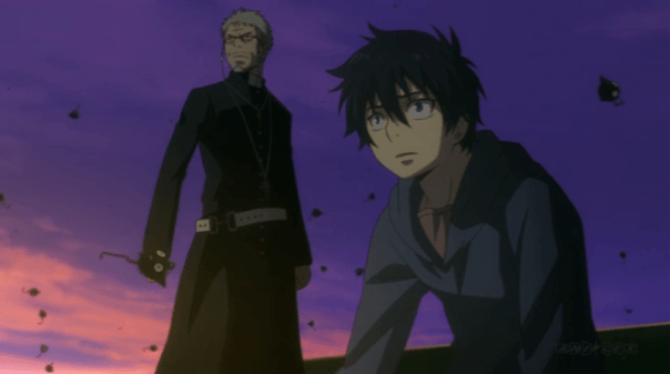 Rin and his adopted father, a priest. Rin, it turns out, is Satan's son. That's just one element of Blue Exorcist that could make some Christians uncomfortable—the way exorcism and religion is handled isn't always ideal, either. I don't think that makes it wrong for all Christians to watch, but discomfort is valid. (ep 2)
