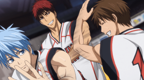 Kuroko and Kagami high-five Furihata after his first time on the court, back during the Kaijo game. Furihata was nervous, and he isn't on the same level as the main players. But the team appreciates his contribution, whether he's on the court or the bench. They genuinely enjoy playing with and encouraging one another (ep 68).