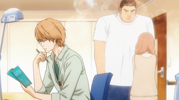 Suna returns to homework after helping Takeo and Yamato to get over their insecurities and confess to each other (ep 3).