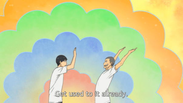 Takana high fives Kageyama, who still isn't used to such enthusiastic camaraderie (S2, ep 1).