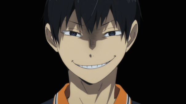 Kageyama tries to smile encouragingly at his teammates. He still has a ways to go. (S 1, ep 22).