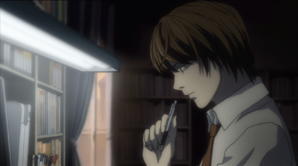 Light in episode 1, deciding whether or not to see if the Death Note is real. He still looks so cute and innocent at this point!