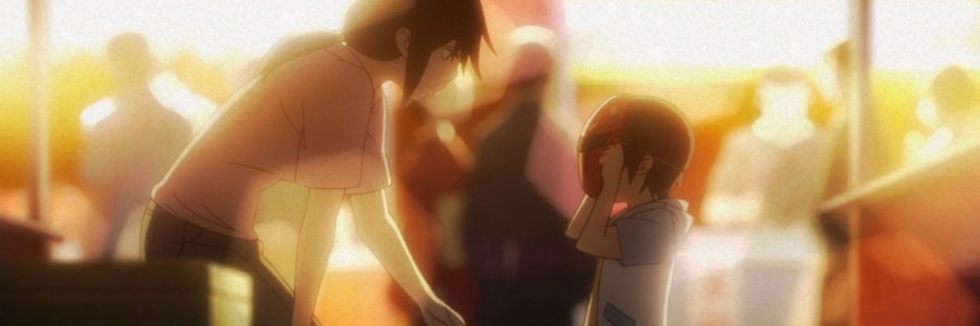 Little Satoru as a young boy putting on a superhero mask. His mother is leaning down in front of him. Brightly lit festival booths are in the background.