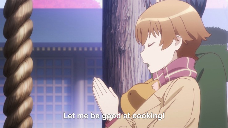 Miyakoshi prays (or makes a wish) at a Shinto shrine. (ep 4)