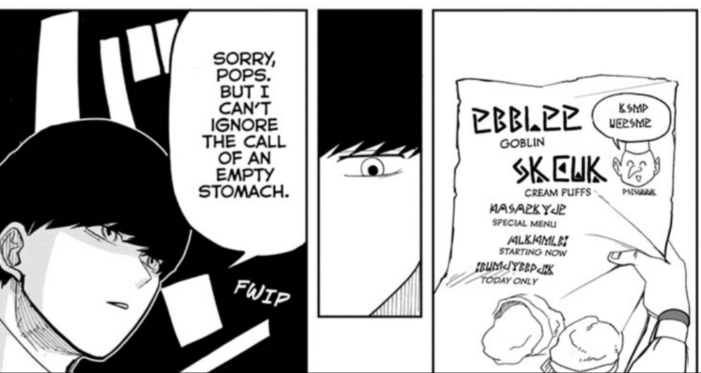 Mashle reads a flier about cream puffs and decides to disobey his father because of his love for cream puffs and go into the city.