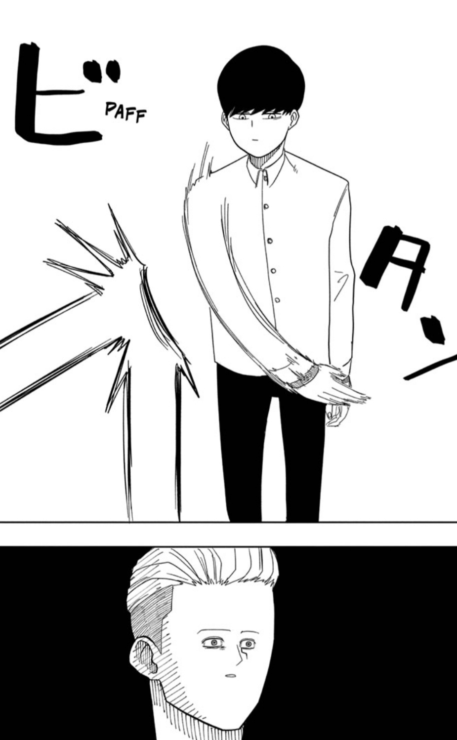 Mash uses his fists to punch back a magical attack. The person who attacked him looks on with a shocked look.