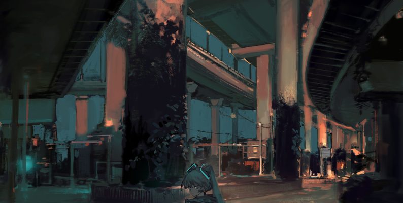 miku nightime under highway overpass