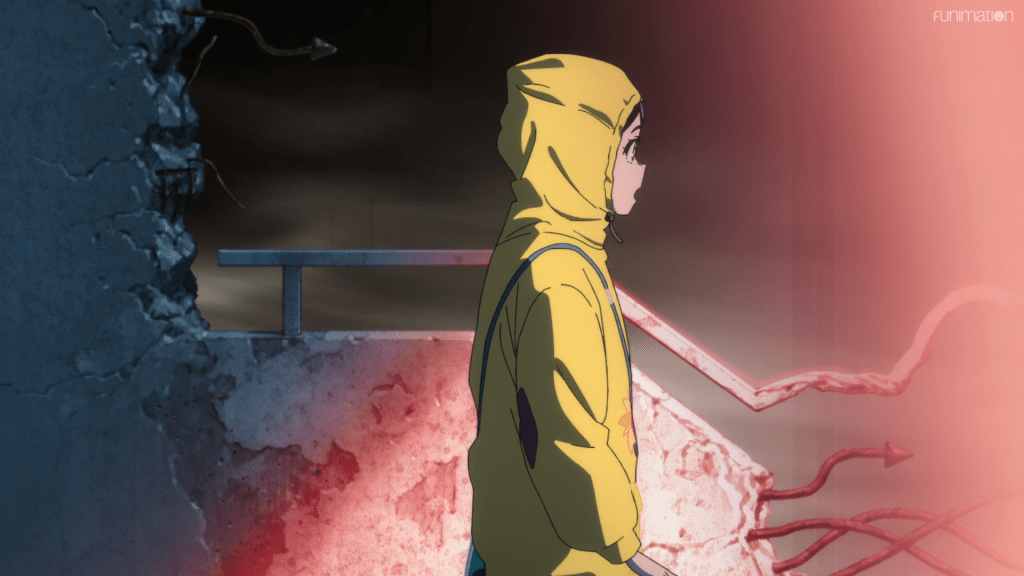 Ai, on the left side of the image, stares in shock at a bright, orange light, glowing from the right side of the image.