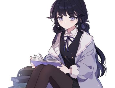 anime girl reading a book with books on floor around her