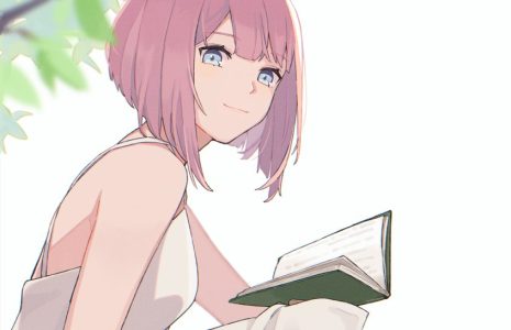 pinked-haired anime girl reading a book sitting on picnic blanket