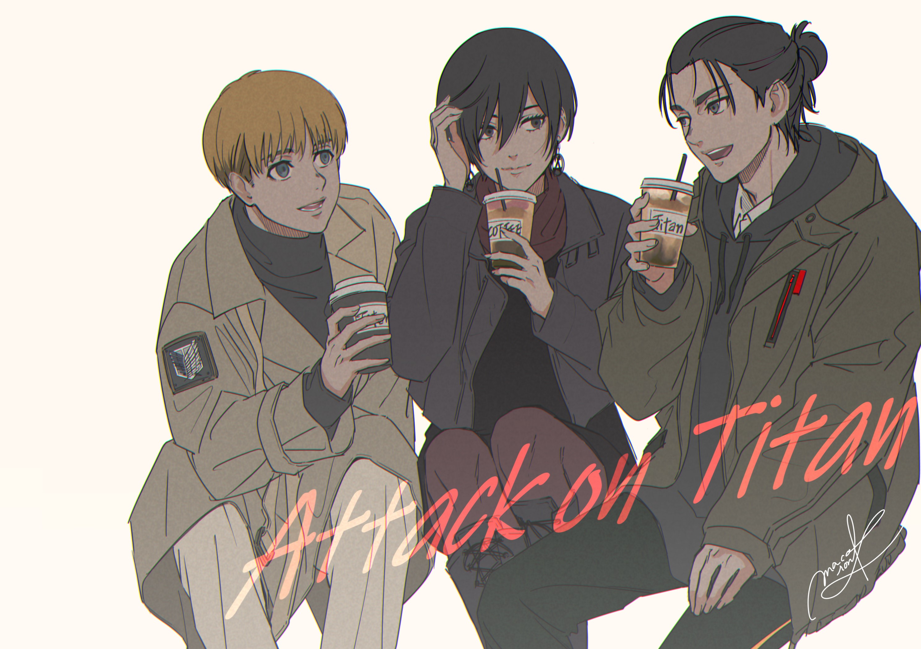 Fanart Friday: Attack on Casual—Armin, Mikasa and Eren Grab Coffee –  Beneath the Tangles, image size:2977x2098