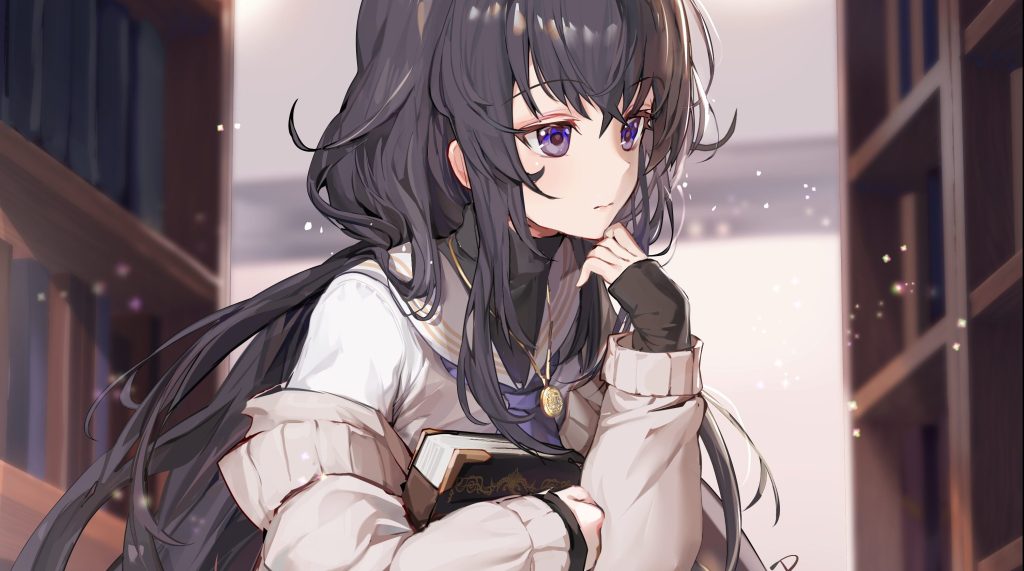 anime girl looking at books in library cute