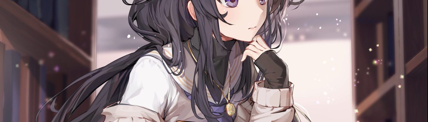 anime girl looking at books in library cute