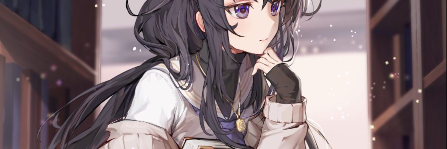 anime girl looking at books in library cute