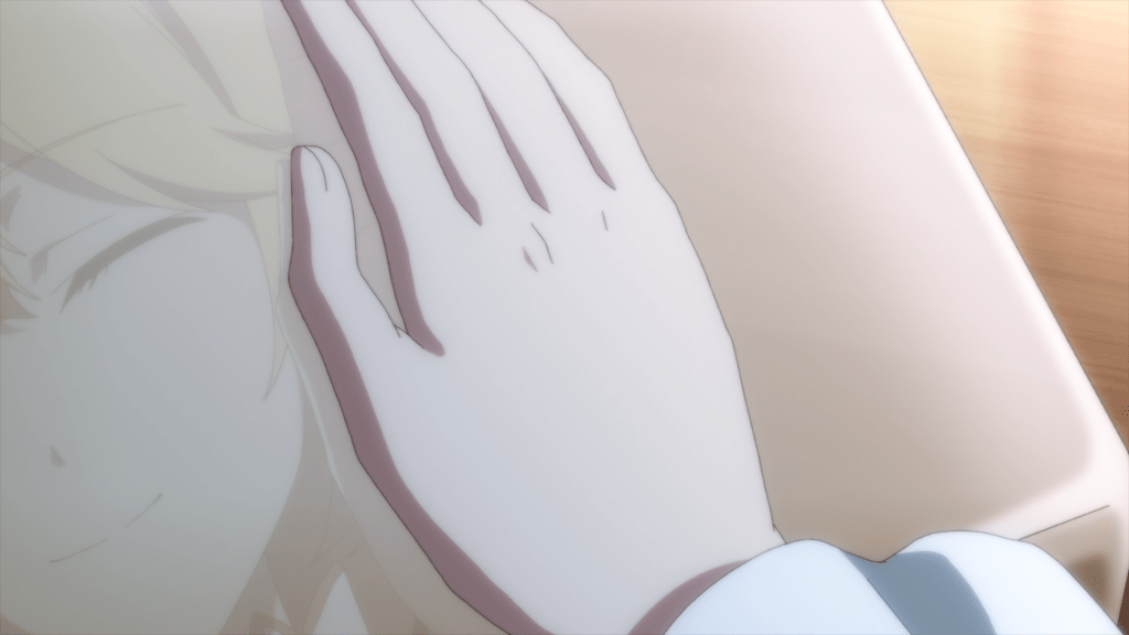 Another picture of Anis staring at her reflection in the same magic tool. This picture is zoomed in more, and her hand is positioned close to her face in the reflection.