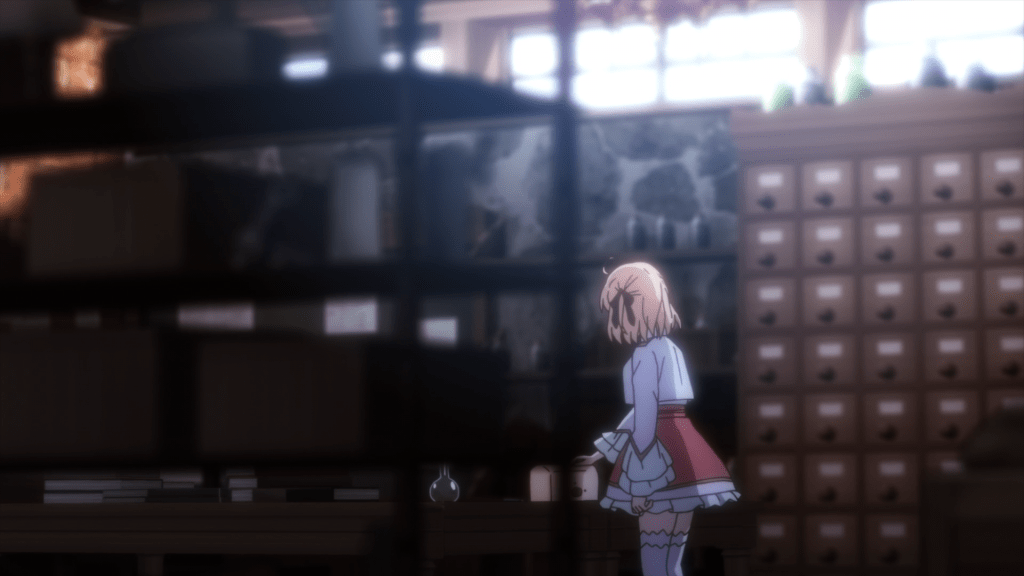 A picture of Anis in her workshop, surrounded all around by shelves which contain a variety of magic tools, bottles, drawers, and boxes. 