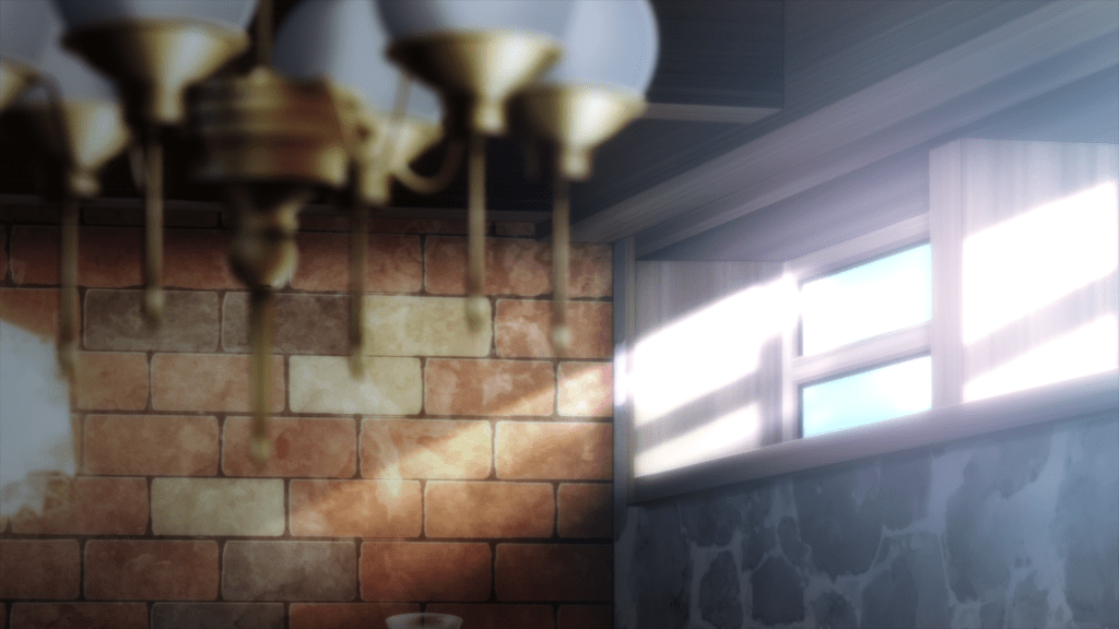 A picture of the thin, high windows in Anis's workshop, with light streaming through them