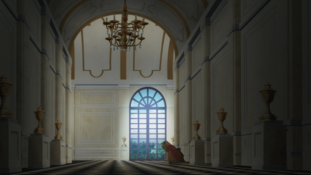 A picture of a dark and stately castle hallway. Anis cowers in the corner of the hallway, attempting to shield herself from the rumors that she was trying to hurt Algard.