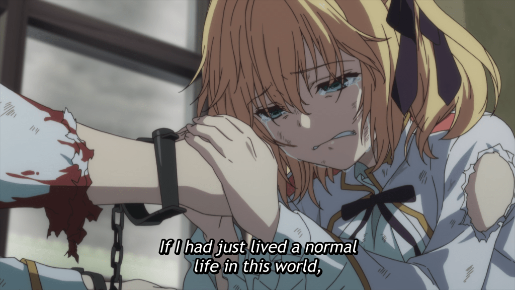 A picture of Anis holding Algard's hand and saying, "If I had just lived a normal life in this world..."