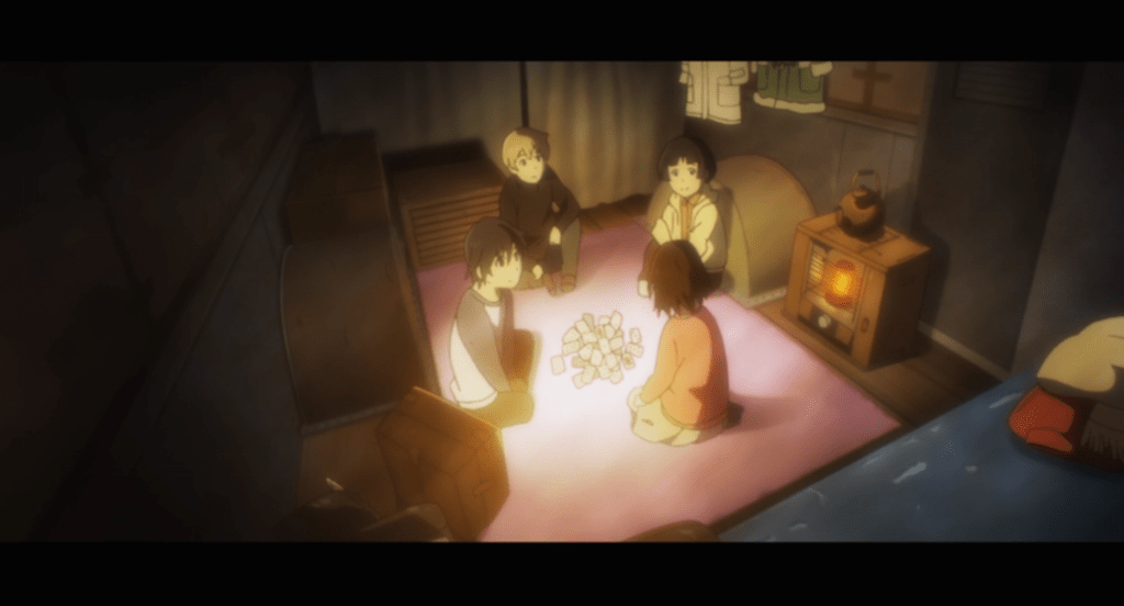 Image shows four children—two boys and two girls—sitting on the floor in a small room. There's more of a widescreen effect, with extra black on the top and bottom of the screen, a symbol to show that this scene takes place at a different time.