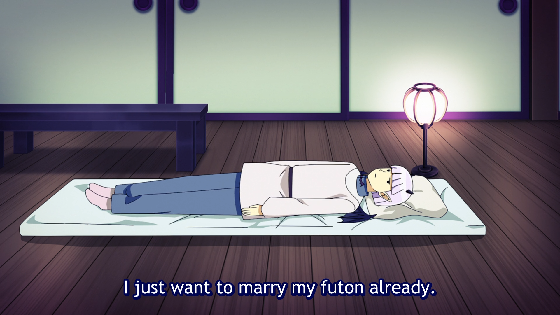 Purson Soi lying on his futon and saying he wants to marry it.