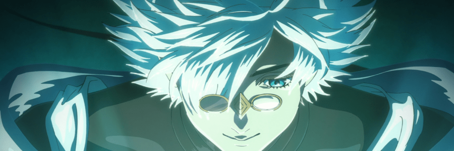 Qifrey, a witch, wears a white pointed hat and looks down intently at something glowing